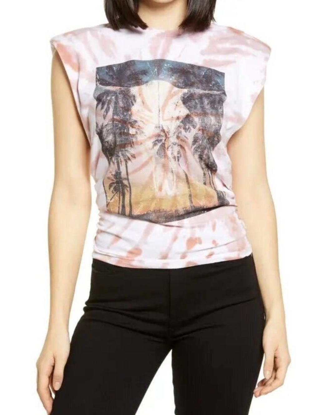 AFRM XS Billie Ruched Side Crop Tank In Pink Tie Dye With Graphic Skeleton